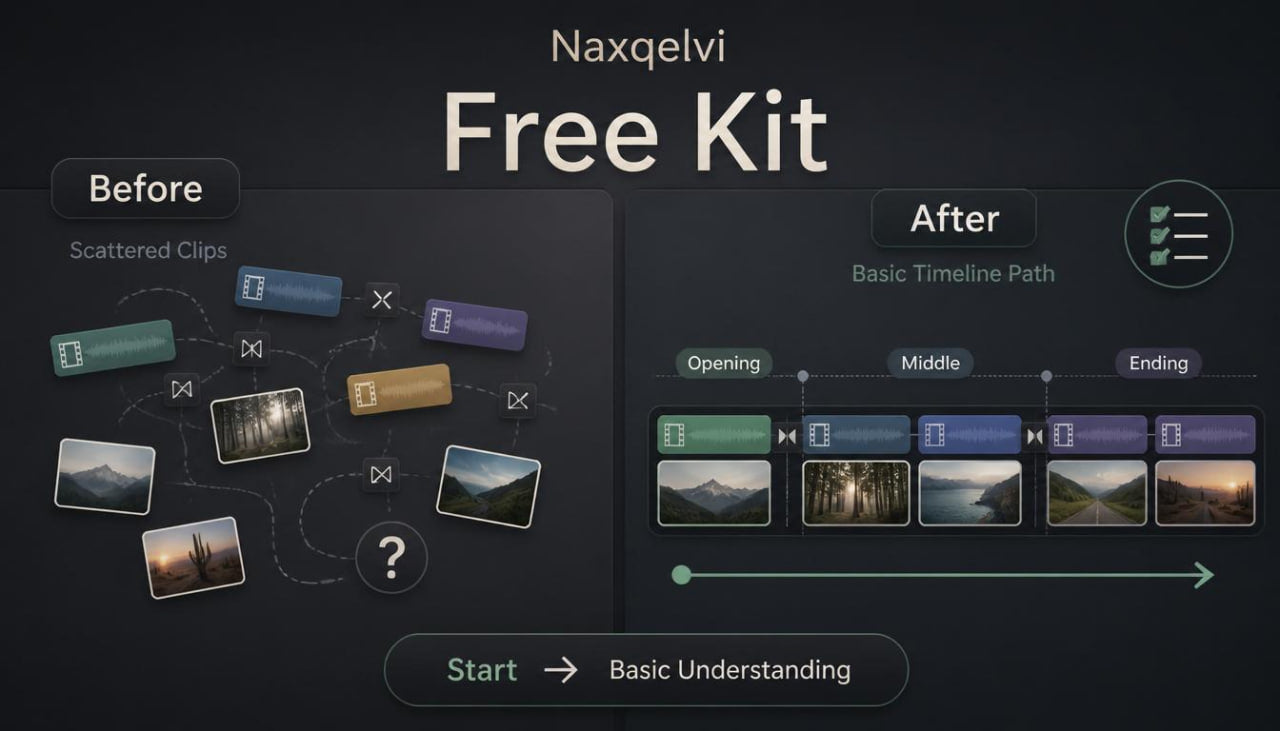 Comparison of scattered clips before and a basic timeline path after using Naxqelvi Free Kit.