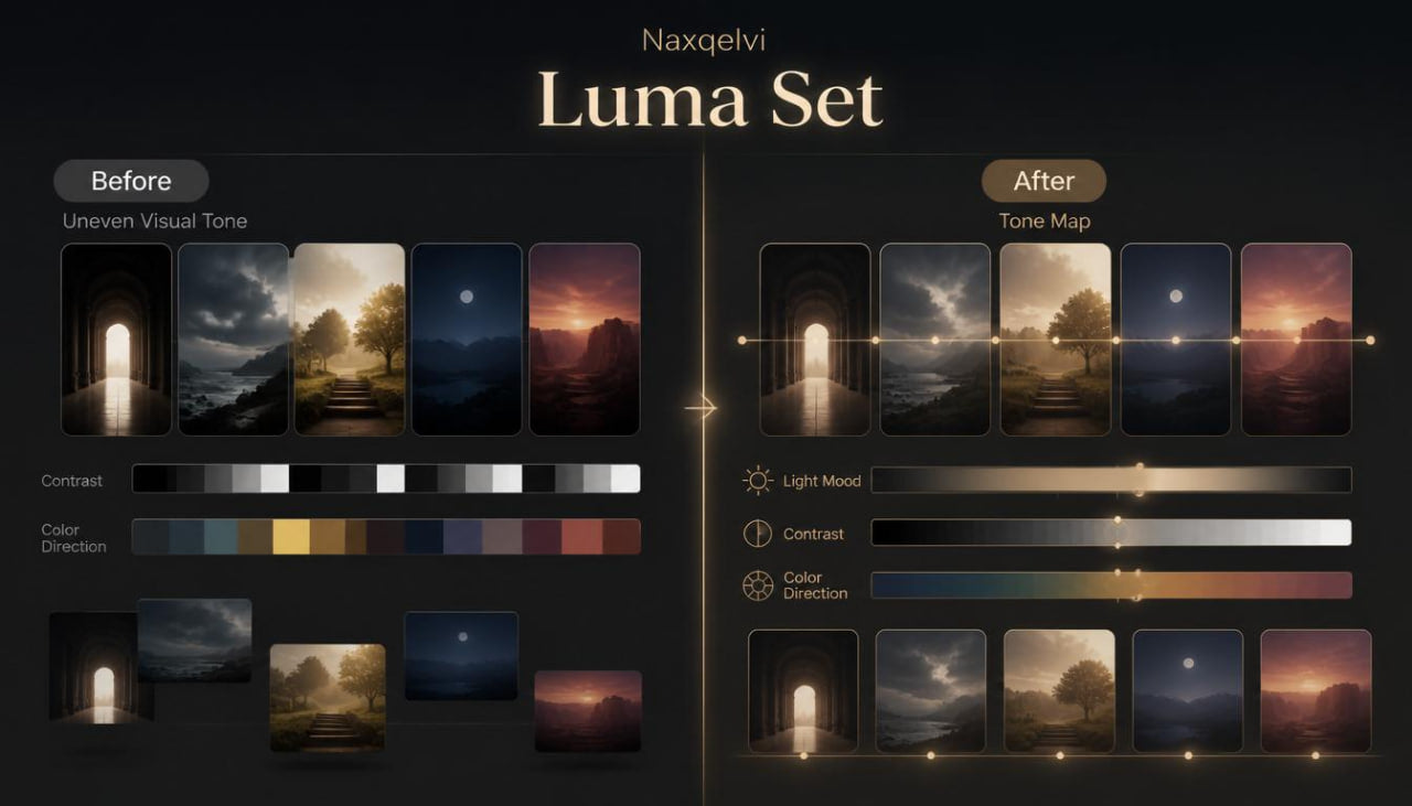 Naxquelvi Luma Set software interface showing before and after effects on images.