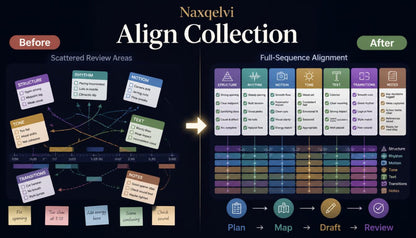 Comparison of 'Before' and 'After' visualizations for Naxqelvi Align Collection with colorful icons and text.