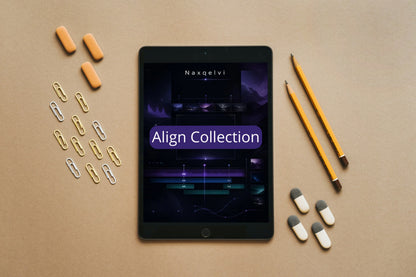 Tablet displaying 'Naxqelvi Align Collection' on a beige surface with pencils, paper clips, and capsules.