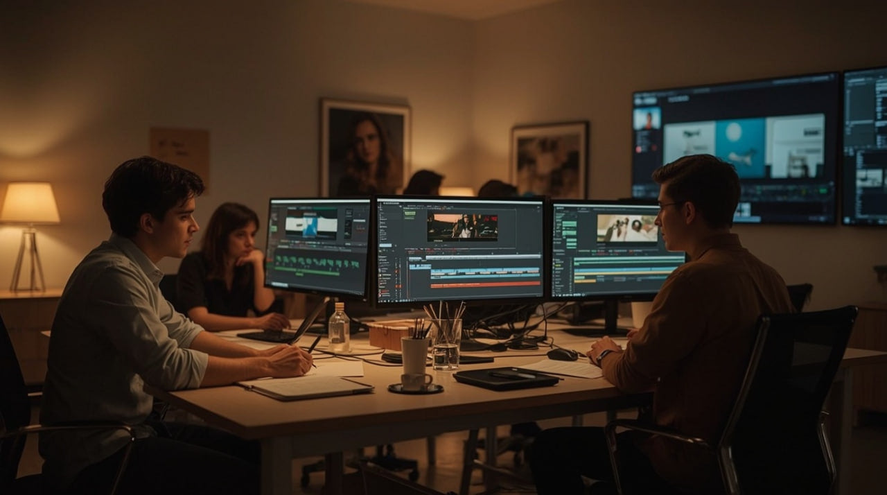 Group of people working on video editing in a dimly lit room with multiple monitors.