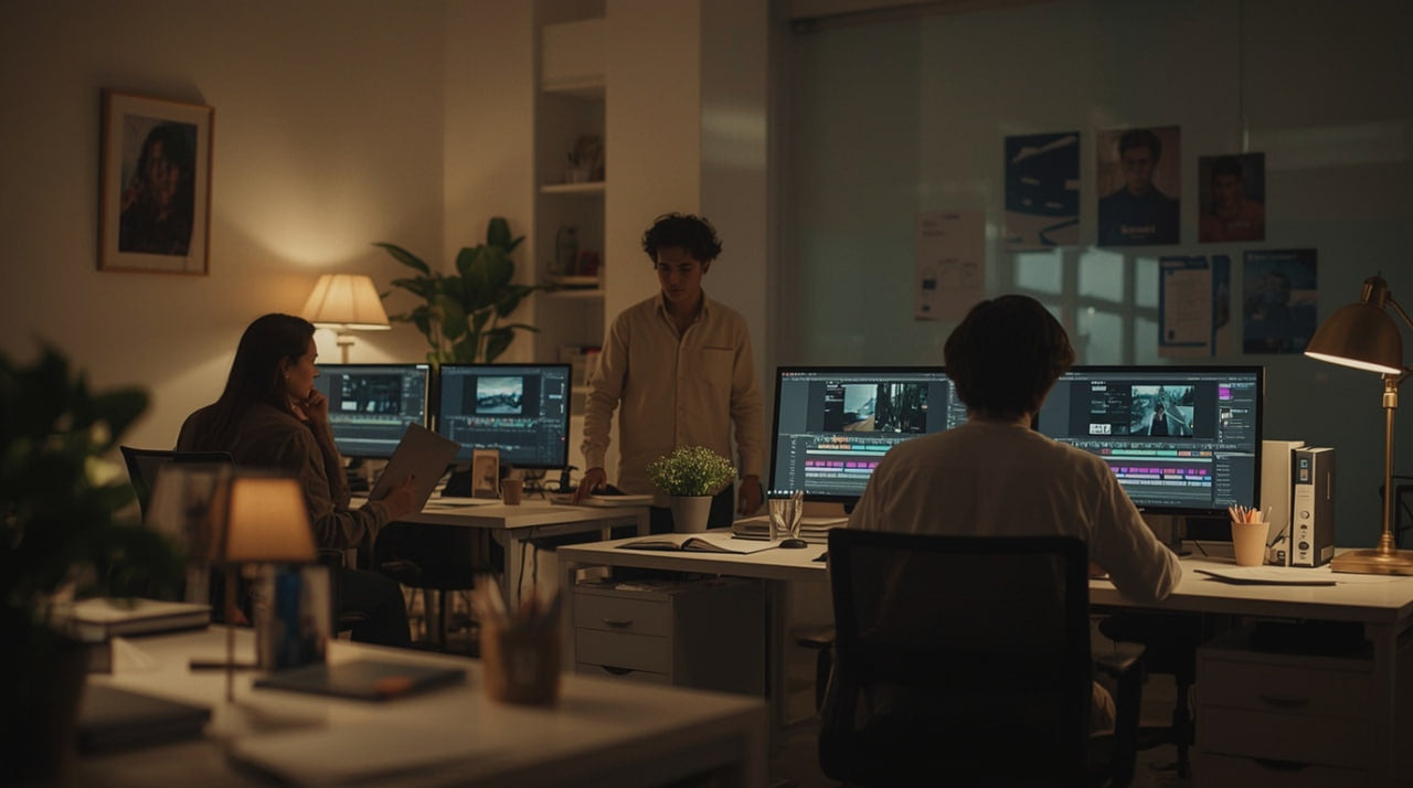 People working at computers in a dimly lit office setting
