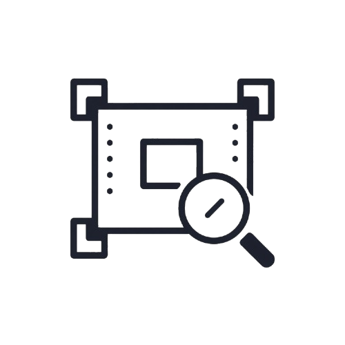 Icon of a square with a magnifying glass on a white background