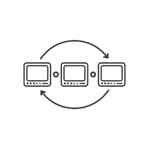 Three computer monitors connected in a circular flow diagram on a white background