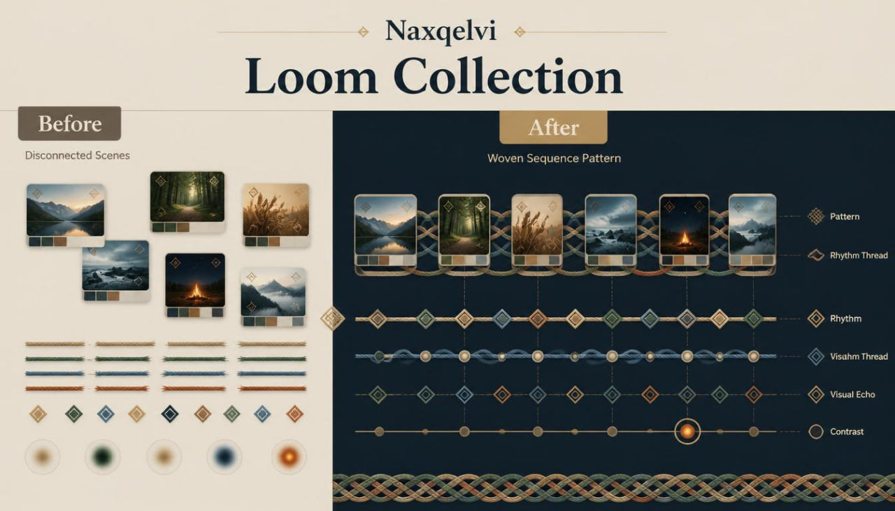 Before and after comparison of Naxqelvi Loom Collection design with woven sequence pattern.