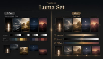 Naxquelvi Luma Set software interface showing before and after effects on images.