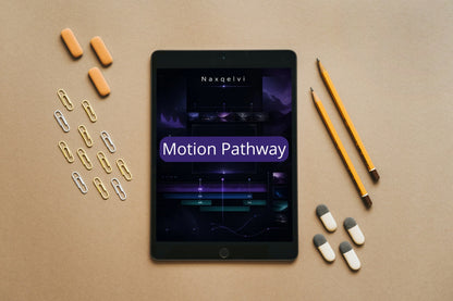 Tablet displaying 'Naxqelvi Motion Pathway' on a beige surface with pencils, paper clips, and small objects.
