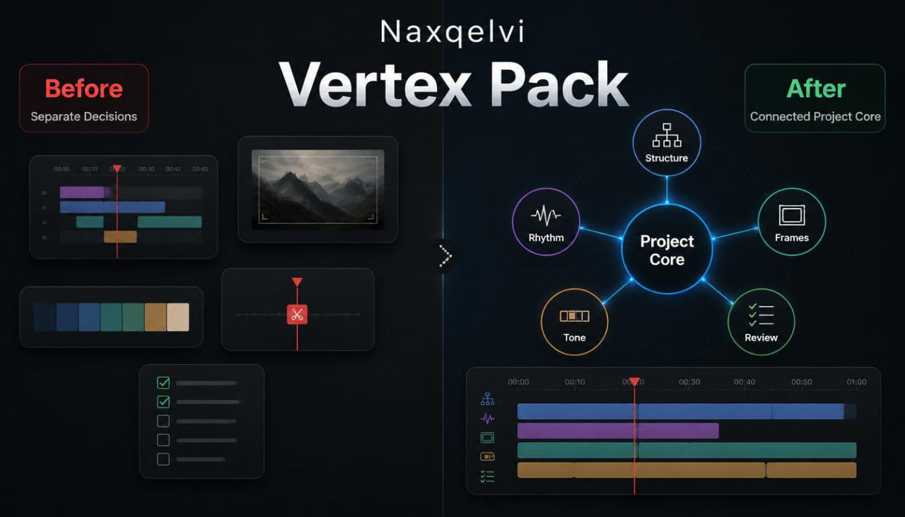 Naxqelvi Vertex Pack software interface with before and after project core comparison on a dark background