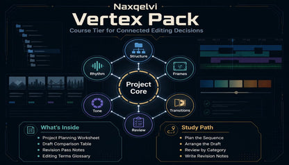 Naxqelvi Vertex Pack course tier interface with project core and related elements on a dark background.